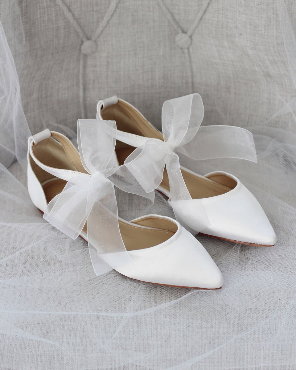 White Pointy Toe Flats with Chiffon Ankle Strap, Something Blue ...