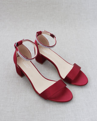Burgundy Red Women Block Heel Sandals with Rhinestone Straps