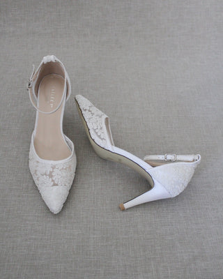 White Crochet Lace Pointy Toe HEELS with Ankle StrapWomen Shoes