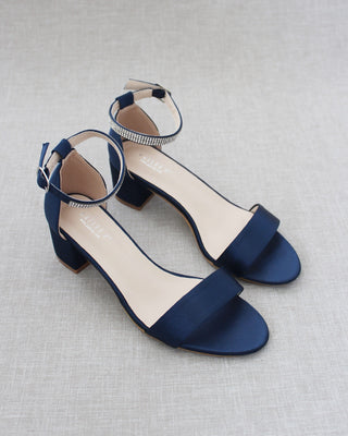 Satin Block Heel Sandals with Mini Rhinestones Embellished Ankle Strap
