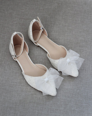 White Glitter Women Flats with Chiffon Bow