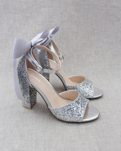 silver rock glitter women block heel with bow