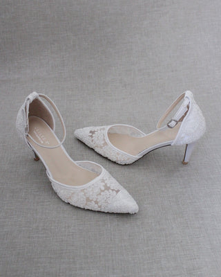 White Crochet Lace Pointy Toe HEELS with Ankle StrapWomen Shoes