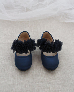Satin Mary Jane Flats with Chiffon Flowers