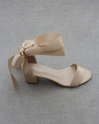 Champagne Women Block Heel Sandals with Ribbon Ties