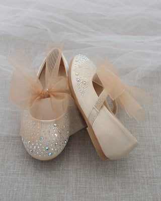 Champagne Rhinestone Flats with Chiffon Bow