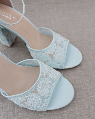light blue lace block heels