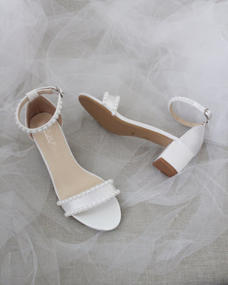 Satin Block Heel Sandals with Pearls