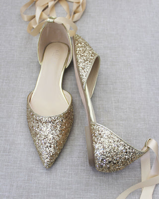Gold Glitter Women Flats with Satin Ties