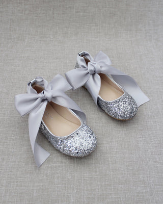 Silver Glitter Girls Flats with Ribbon Ties