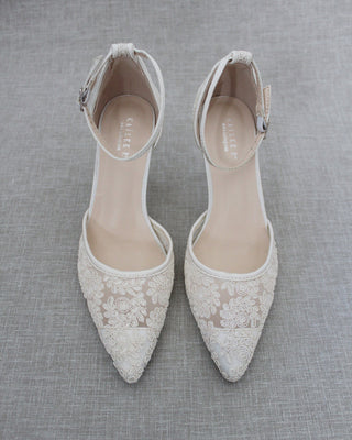 Ivory Crochet Lace Pointy Toe Heels with Ankle StrapWomen Shoes