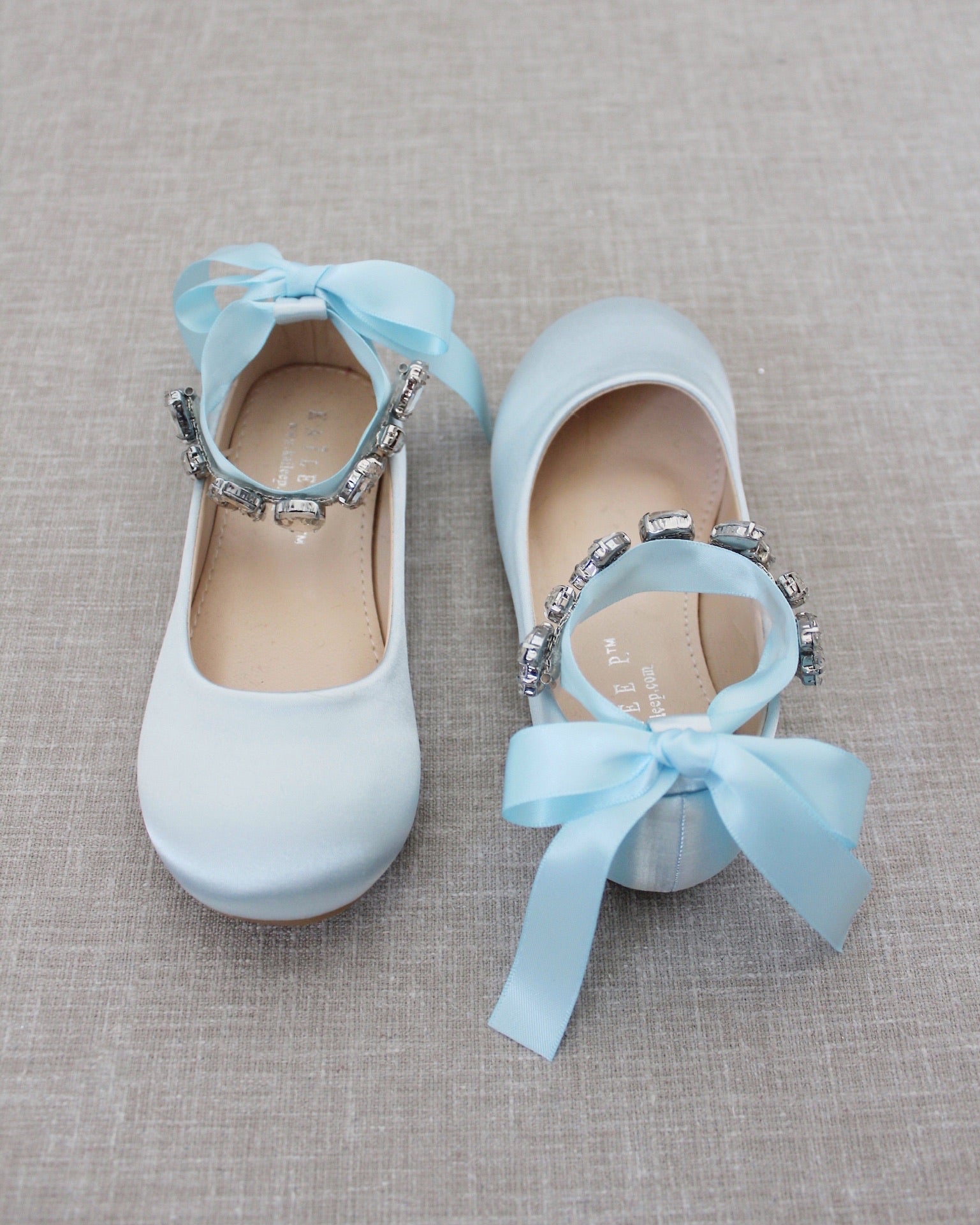 Light Blue Satin Girls Ballet Flats with Navette Cluster Rhinestones
