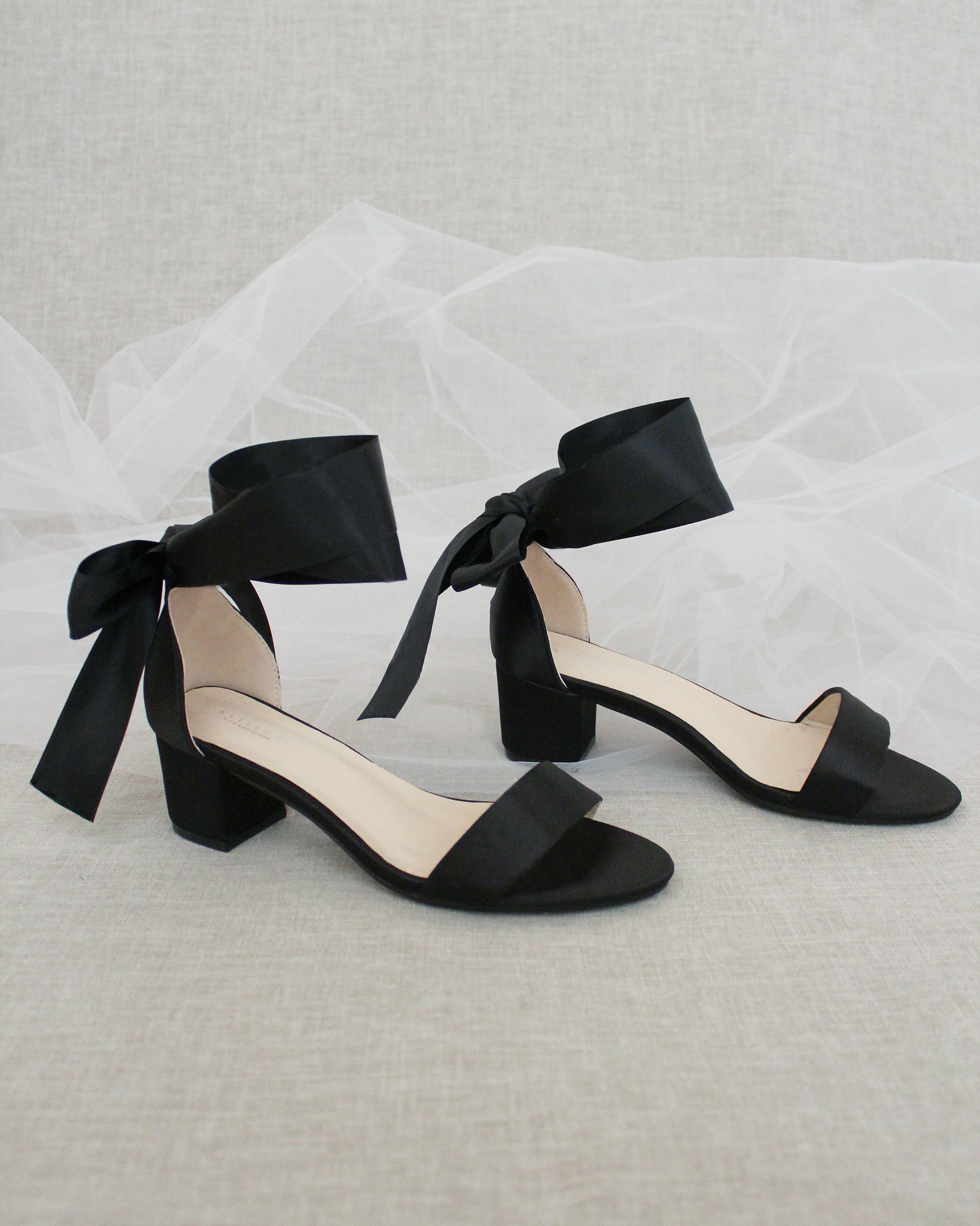 Black Satin Block Heel Sandal with Wrapped Ribbon Tie, Prom Shoes