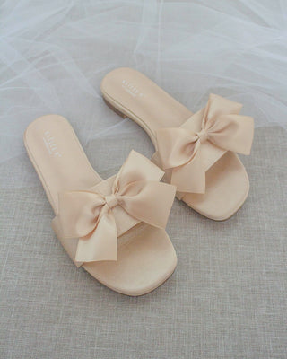 Champagne Satin Slip on Sandals with Satin Bow