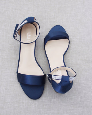 Satin Block Heel Sandals with Mini Rhinestones Embellished Ankle Strap
