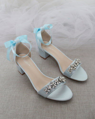 Light Blue Women Rhinestone Block Heel Sandals