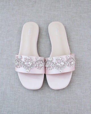 Pink Satin Slip on Sandals with Small Rhinestones Applique