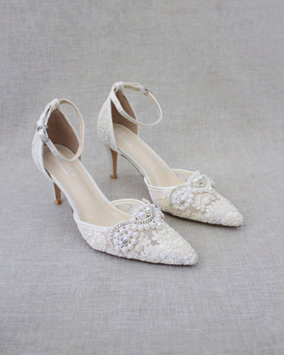 Ivory Crochet Lace Pointy Toe Heels with Small Pearls AppliqueWomen Shoes