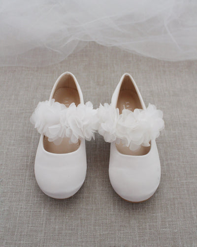 White Mary Jane Girls Flats with Flowers