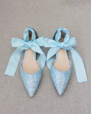 Light Blue Glitter Women Flats with Satin Ties