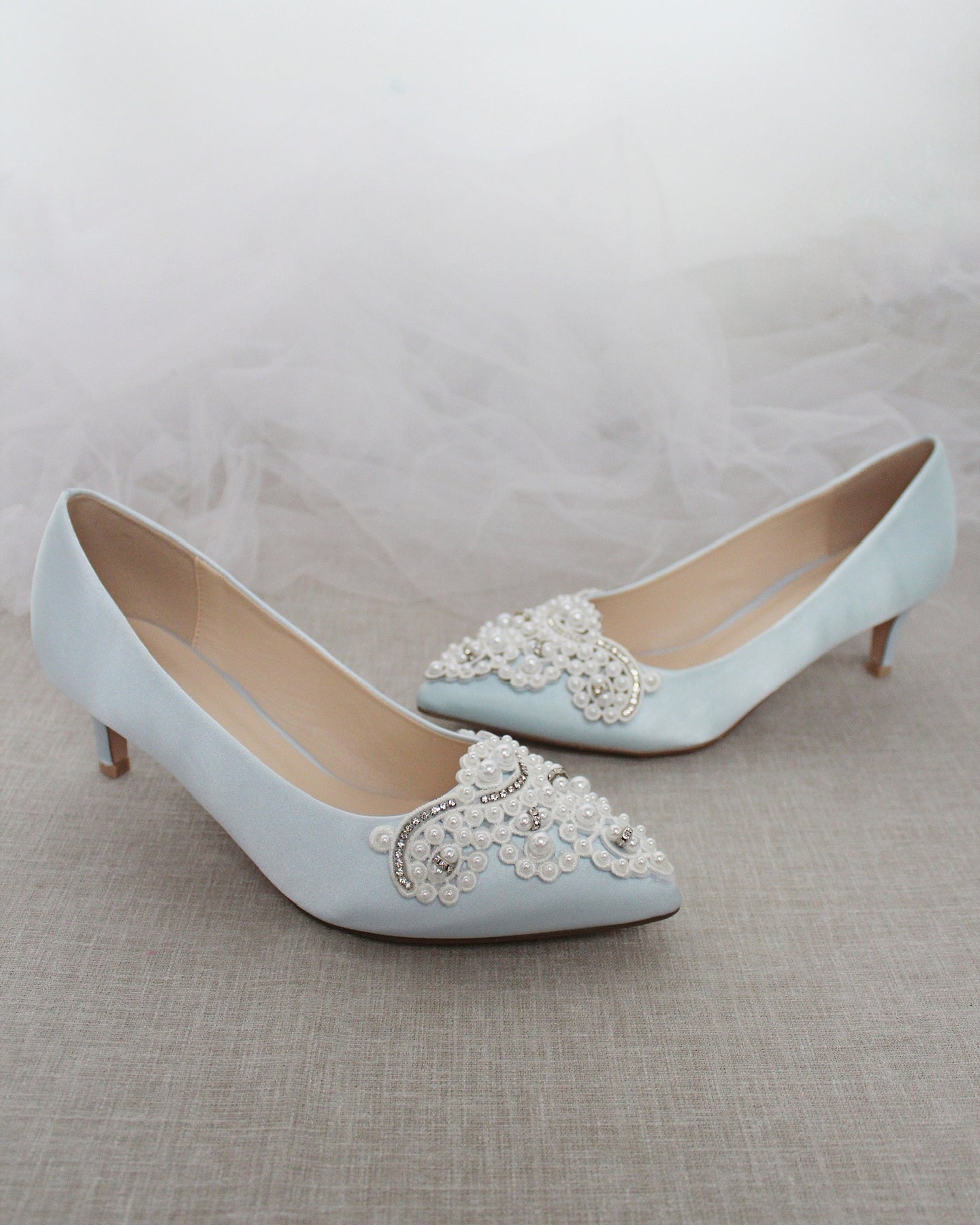 Light Blue Satin Pointy Toe Pump Low Heel with Oversized Pearls ...
