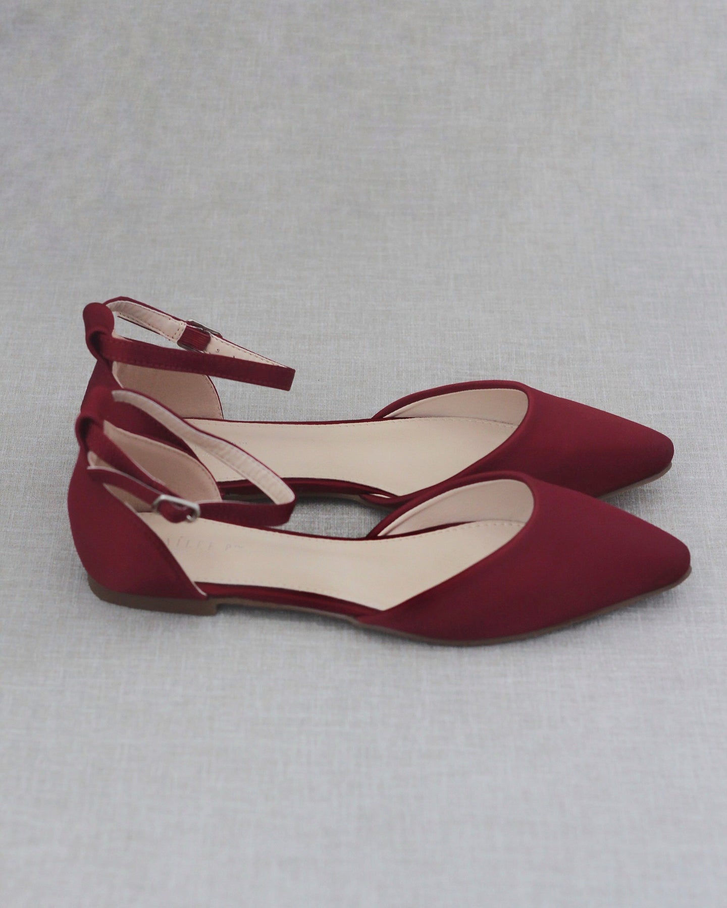 Burgundy Satin Pointy Toe Flats with Ankle Strap - Wedding Shoes ...