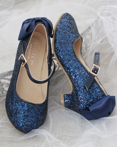 Navy Blue Glitter Girls Mary Jane Heels with Back Bow