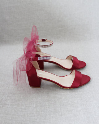 Burgundy Red Women Block Heel Sandals with Tulle Bow