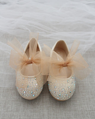Champagne Rhinestone Flats with Chiffon Bow