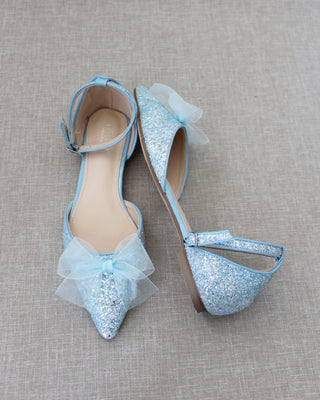 Light Blue Glitter Women Flats with Chiffon Bow