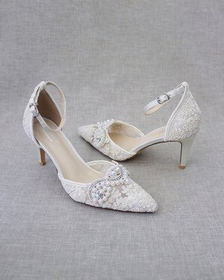 Ivory Crochet Lace Pointy Toe Heels with Small Pearls AppliqueWomen Shoes