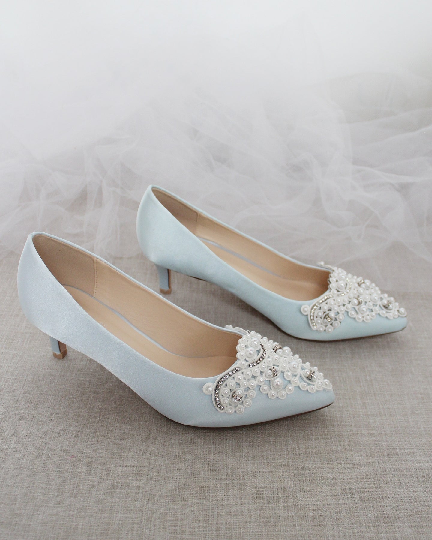 Light Blue Pointy Toe Glitter Shoes Spool Heels Slingback Pumps