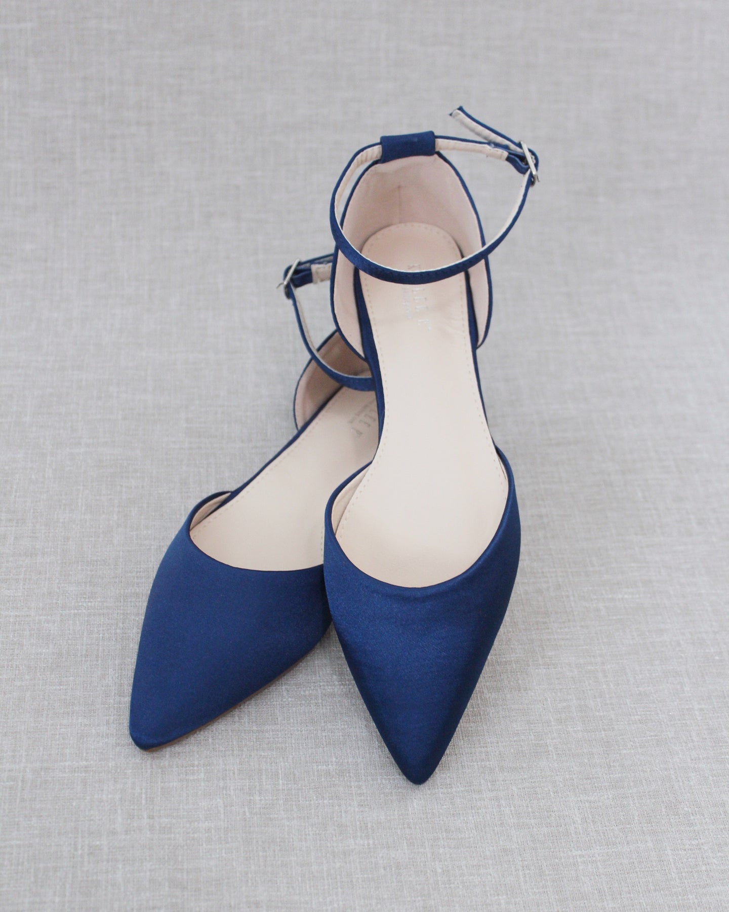 Navy Satin Pointy Toe Flats with Ankle Strap - Wedding Shoes, Bridal ...