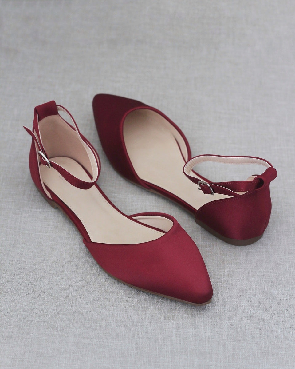 Burgundy Satin Pointy Toe Flats with Ankle Strap - Wedding Shoes ...