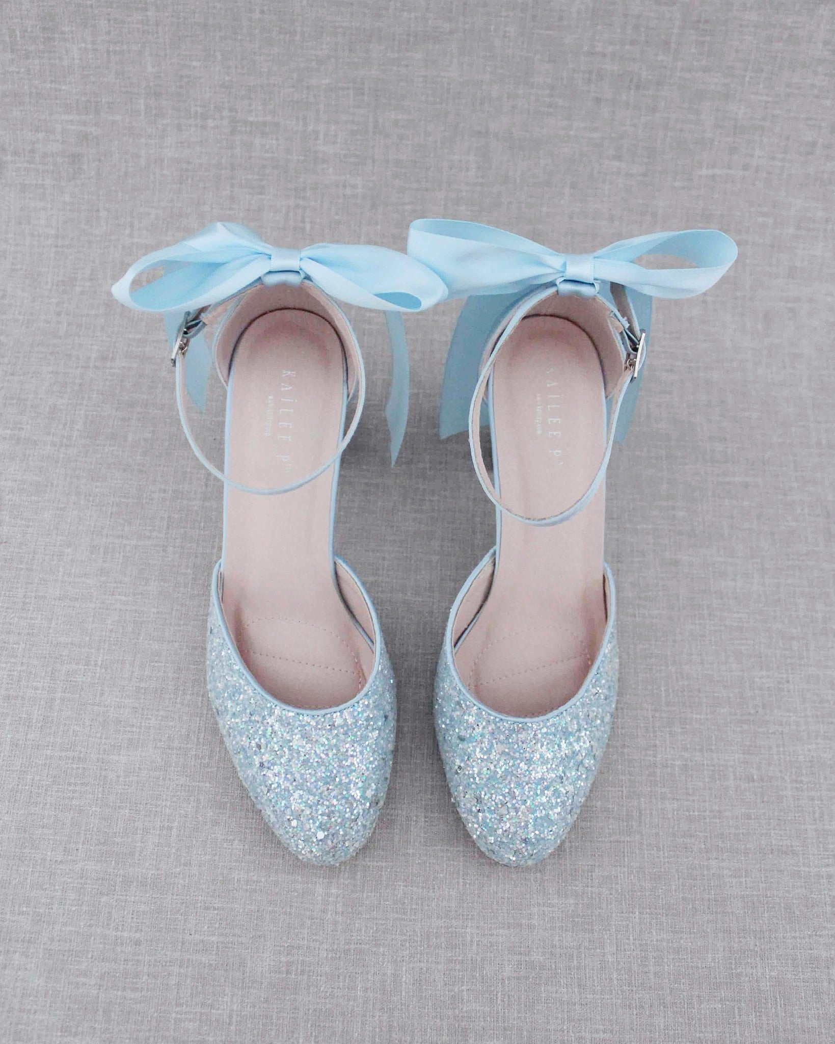 Light Blue Rock Glitter Block Heel with Back Satin Bow Bridal Shoes