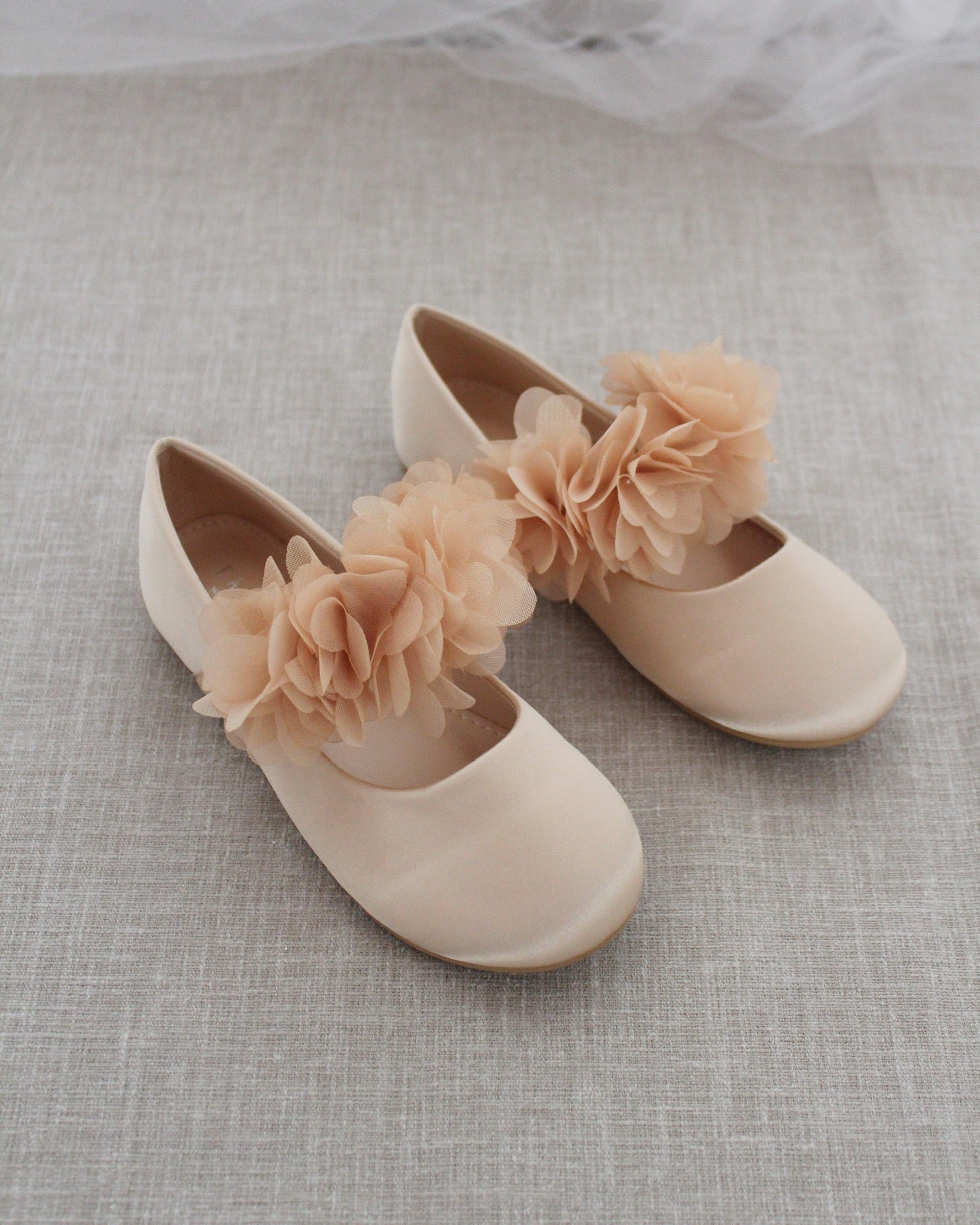chiffon dress shoes Ivory Satin Flats With Chiffon Flowers Ankle Strap - Perfect for Weddings, Flower Girls Shoes - Baptism Shoes, Communion Shoes