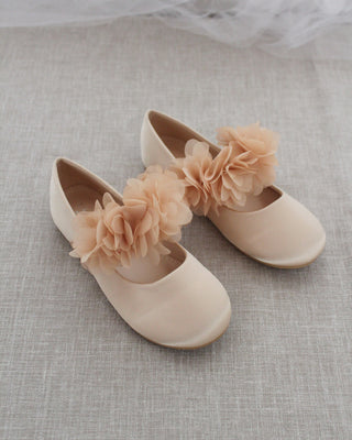 Satin Mary Jane Flats with Chiffon FlowersKids Shoes