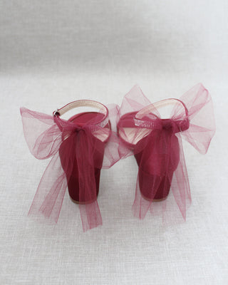 Burgundy Red Women Block Heel Sandals with Tulle Bow