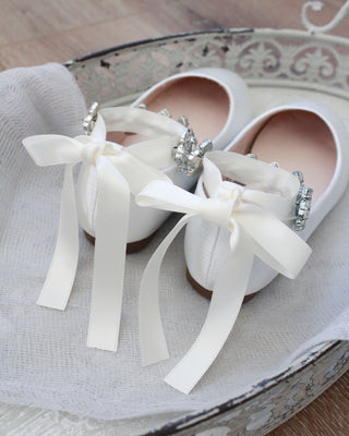 Ivory satin flats with rhinestone straps