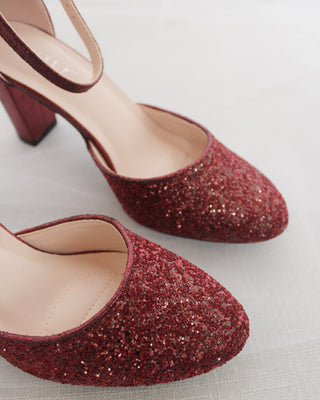 Burgundy Red Glitter Block Heels
