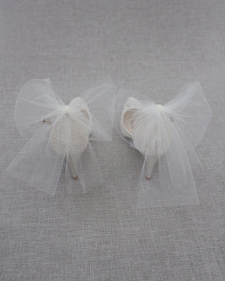 Ivory Crochet Lace Pointy Toe Heels with Tulle Back BowWomen Shoes