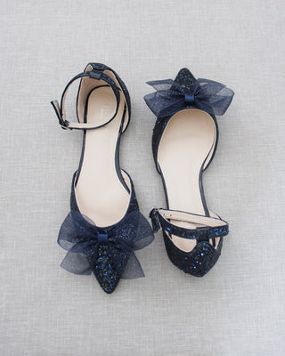 Navy Blue Glitter Women Flats with Chiffon Bow