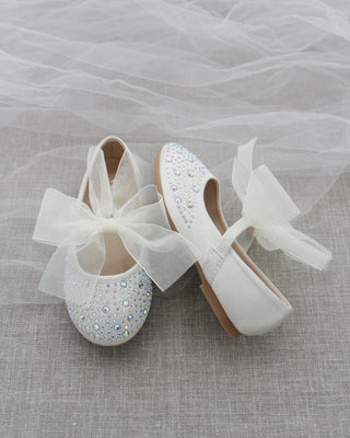 Ivory Rhinestone Kids Flats with Chiffon Bow