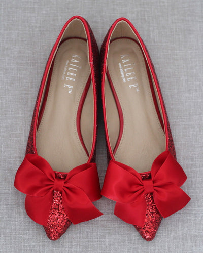 red glitter pointy toe bridesmaids flats with bow