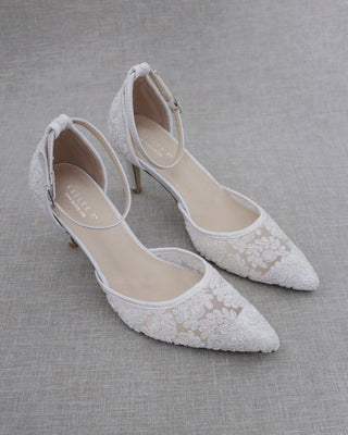 White Crochet Lace Pointy Toe HEELS with Ankle StrapWomen Shoes