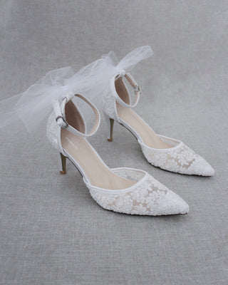 White Lace Heels with Tulle Bow
