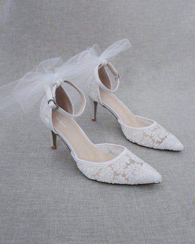 White Lace Heels with Tulle Bow
