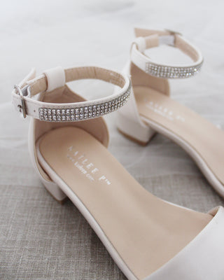 Satin Girls Block Heel Sandals with Mini Rhinestones Embellished Ankle Strap