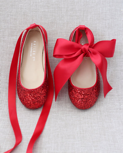 Red Glitter Girls Ballet Flats with Ribbon Ties