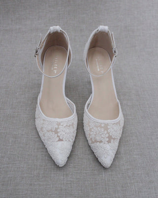 White Crochet Lace Pointy Toe HEELS with Ankle StrapWomen Shoes